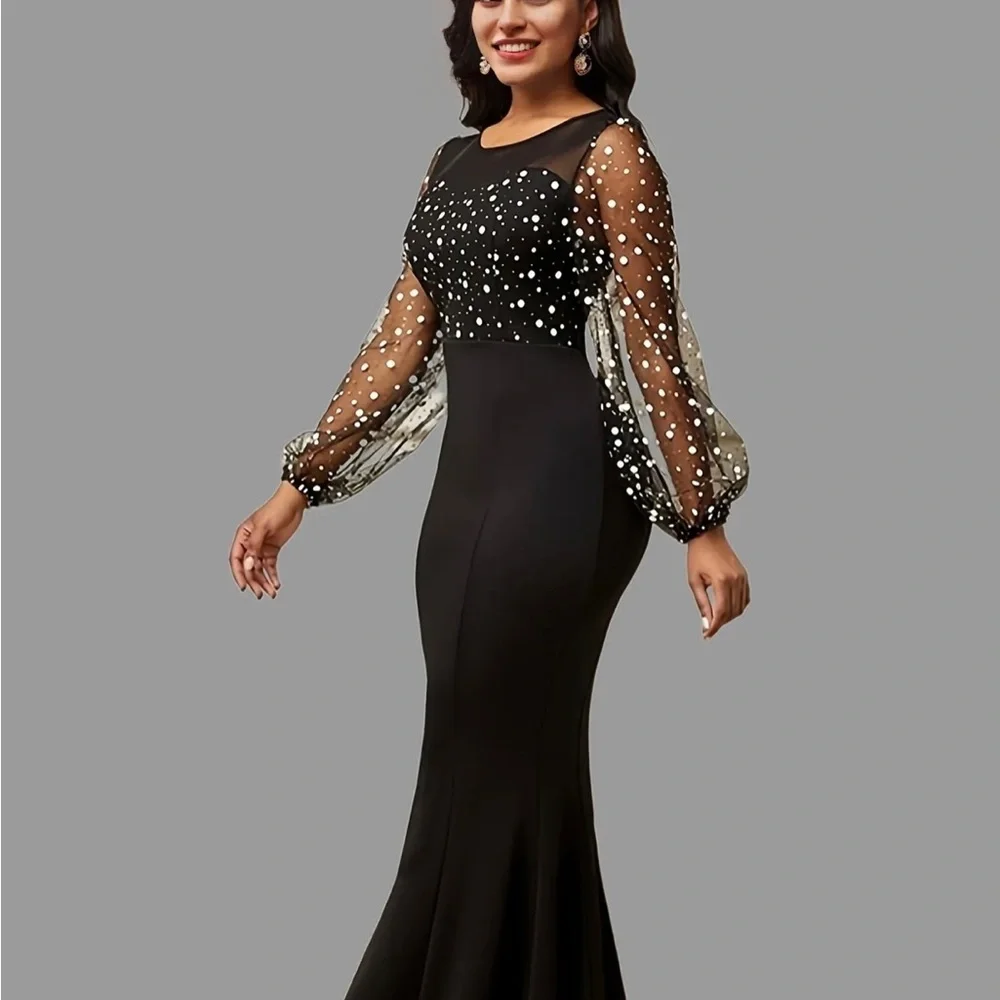 Round Neck Mesh Stitching Dress, Elegant Slim Long Sleeve Waist Long Dresses - Picture 4 of 5